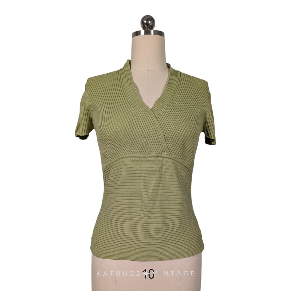 Vintage Short Sleeve Sweater Top L Green Babydoll 90S Y2K Ribbed V Minimalist